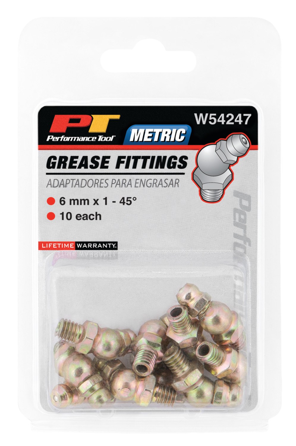 Performance Tool Grease Fitting, 6 Millimeter – 1 Thread 45 Degree, Set of 10 – W54247