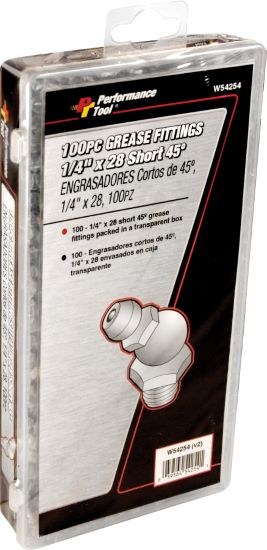 Performance Tool Grease Fitting, 1/4 Inch – 28 Thread 45 Degree, Box of 100 – W54254