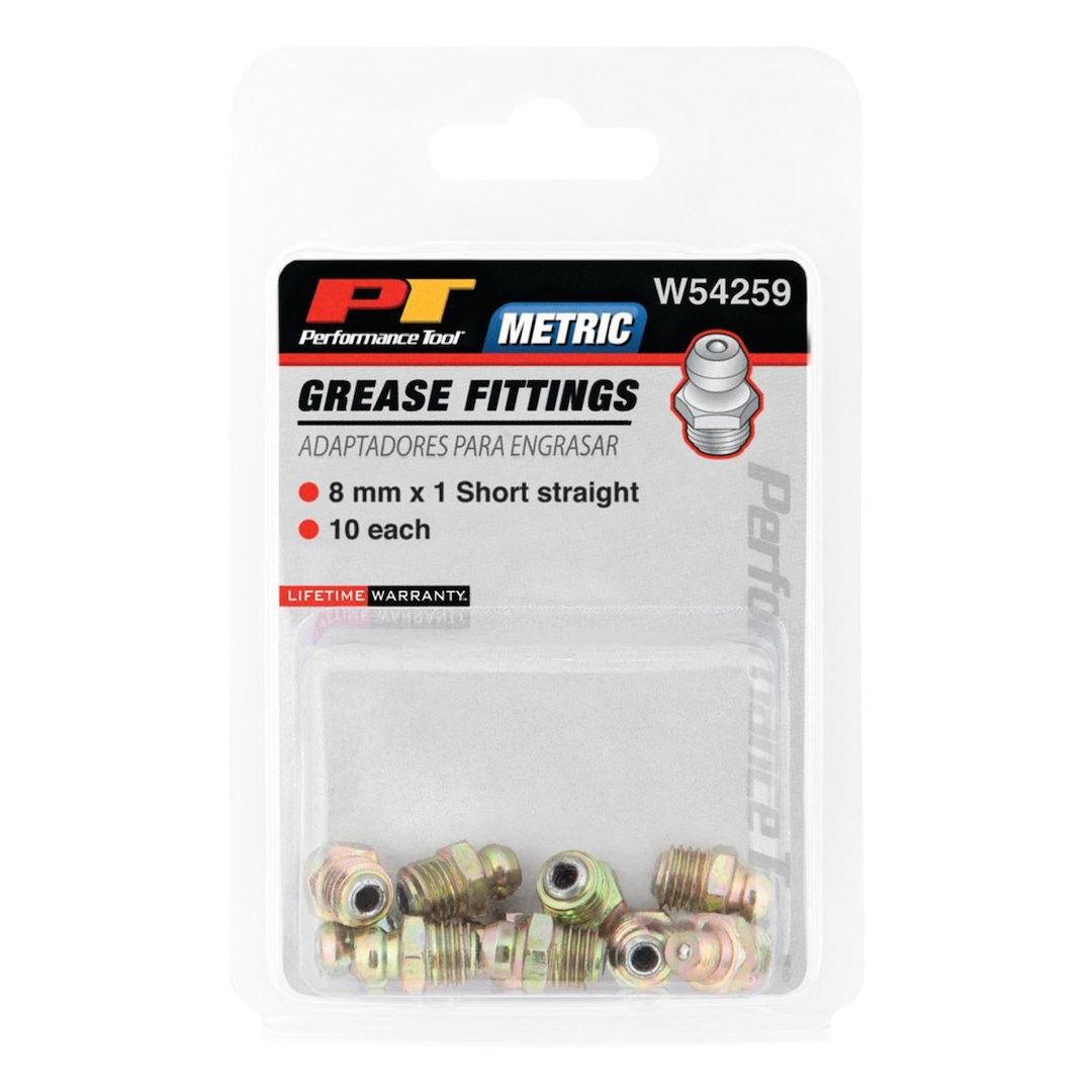 Performance Tool Grease Fitting, 8 Millimeter – 1 Thread Straight, Set of 10 – W54259