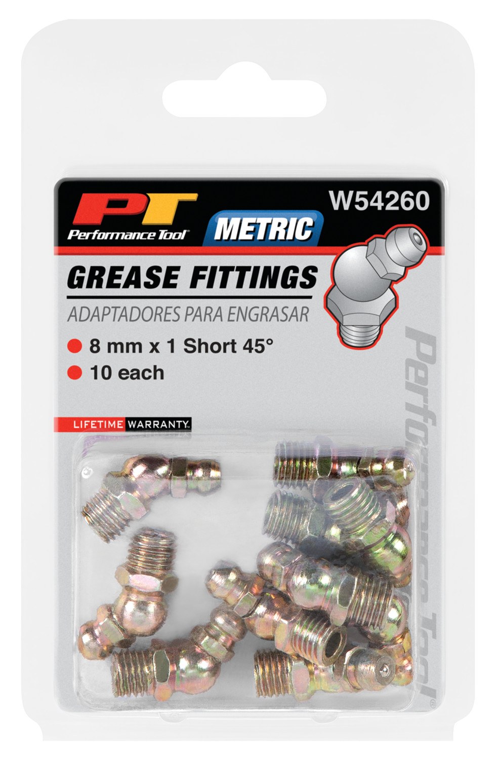 Performance Tool Grease Fitting, 8 Millimeter – 1 Thread 45 Degree, Set of 10 – W54260