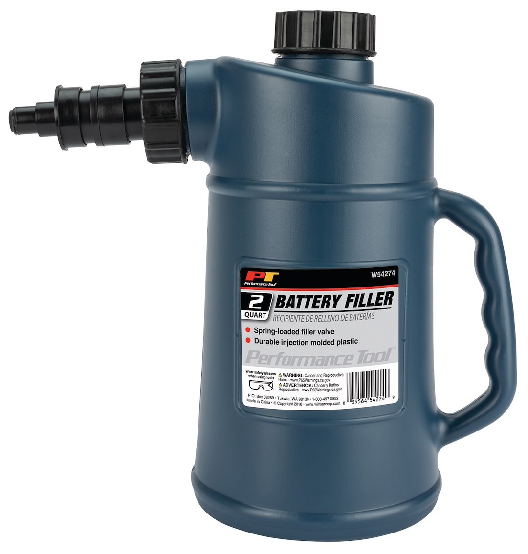 Performance Tool Battery Filler, Use to Fill Battery Cells with Water or Battery Acid, Jug Type, 2 Quart Capacity, Plastic – W54274
