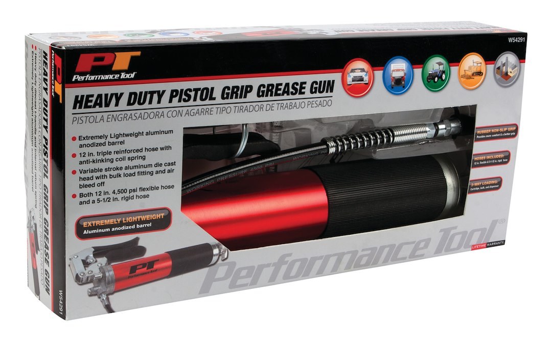 Performance Tool Grease Gun, Use with 14 Ounce Grease Cartridge, Pistol Grip Arm, Aluminum Anodized Barrel – W54291