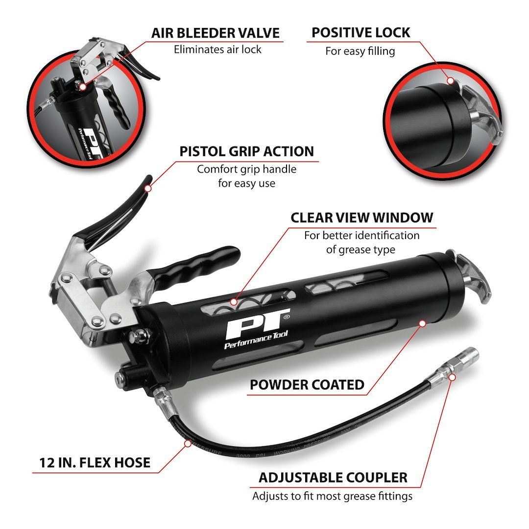 Performance Tool Grease Gun, Use with 14 Ounce Grease Cartridge, Pistol Grip Arm – W54294
