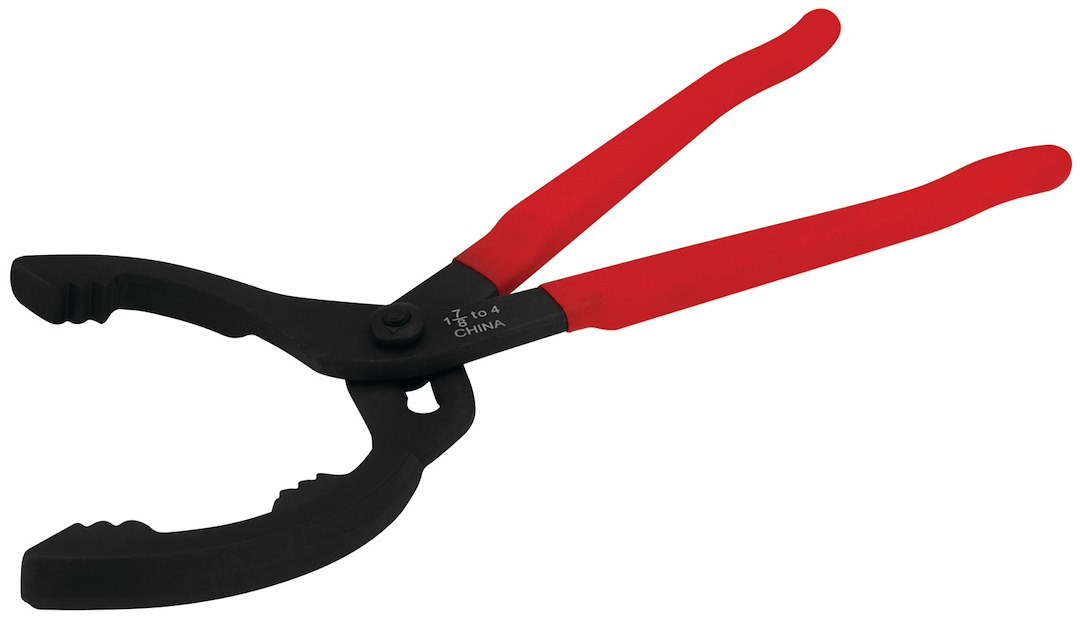 Performance Tool Oil Filter Wrench, Fits 1-7/8 Inch to 4 Inch Filters, Jaw Opening, Black/ Red, Steel, Textured Cushion Grip Handle – W54311