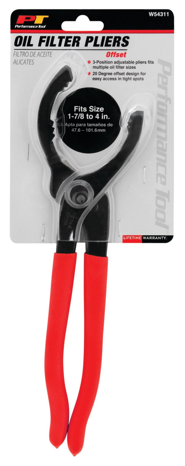 Performance Tool Oil Filter Wrench, Fits 1-7/8 Inch to 4 Inch Filters, Jaw Opening, Black/ Red, Steel, Textured Cushion Grip Handle – W54311