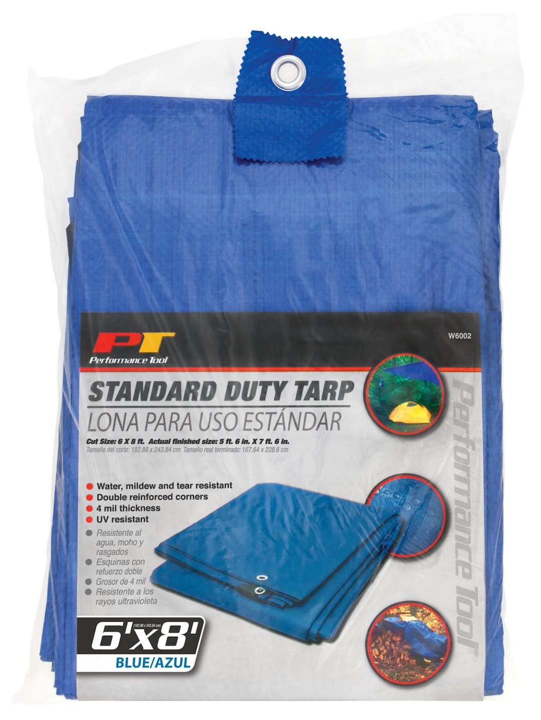 Performance Tool Tarpaulin, Water Proof/ Mildew and Tear Resistant, 6 Foot X 8 Foot, Blue, With Grommet – W6002