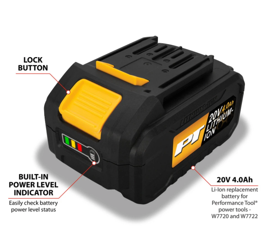 Performance Tool Power Tool Battery, For Performance Tool W7720 Impact Wrench and W7722 Hammer Drill, Lithium-Ion Battery, 20 Volt – W7724