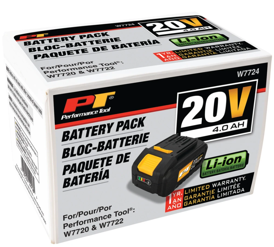 Performance Tool Power Tool Battery, For Performance Tool W7720 Impact Wrench and W7722 Hammer Drill, Lithium-Ion Battery, 20 Volt – W7724
