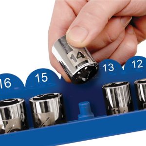 Performance Tool Socket Storage Rail, 3/8 Inch Drive Socket, Holds Up to 30 Metric Size Sockets, Blue, Single – W778