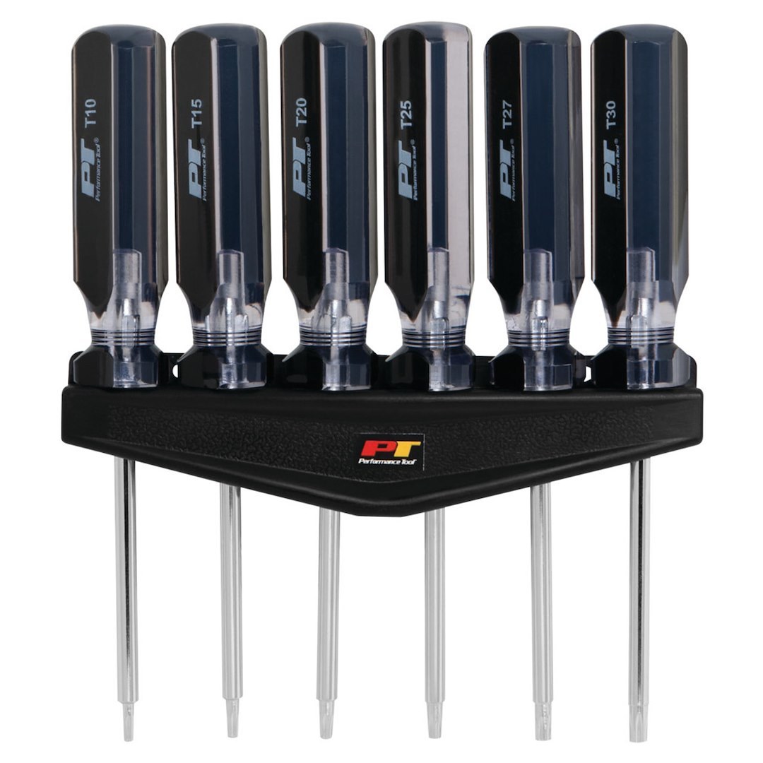 Performance Tool Screwdriver, Star, T10/ T15/ T20/ T25/ T27/ T30 Star, Chrome Vanadium Steel, Magnetic Tips, With Rack, 6 Pieces – W80006
