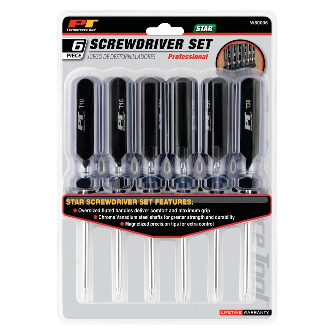 Performance Tool Screwdriver, Star, T10/ T15/ T20/ T25/ T27/ T30 Star, Chrome Vanadium Steel, Magnetic Tips, With Rack, 6 Pieces – W80006