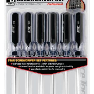 Performance Tool Screwdriver, Star, T10/ T15/ T20/ T25/ T27/ T30 Star, Chrome Vanadium Steel, Magnetic Tips, With Rack, 6 Pieces – W80006