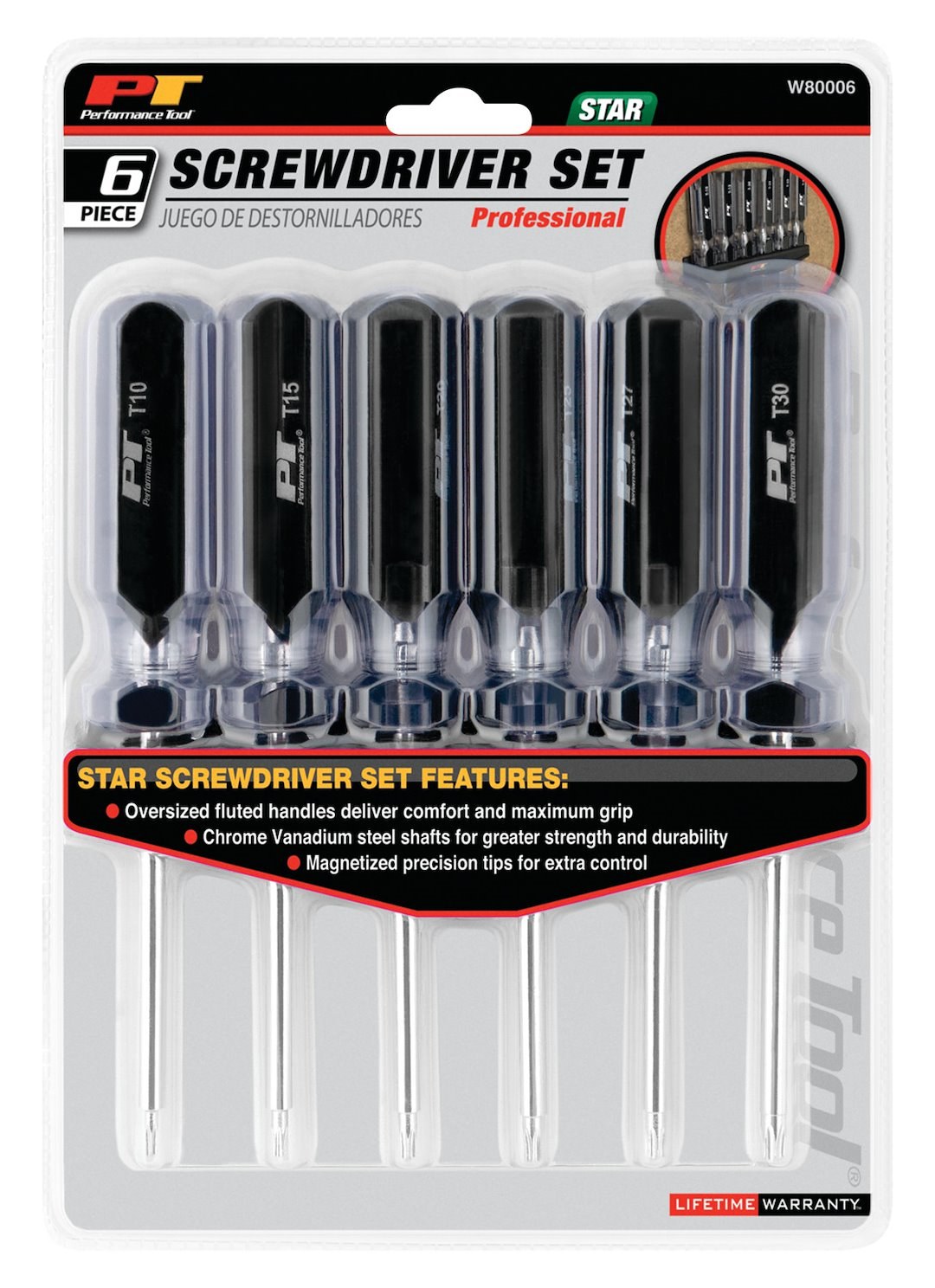 Performance Tool Screwdriver, Star, T10/ T15/ T20/ T25/ T27/ T30 Star, Chrome Vanadium Steel, Magnetic Tips, With Rack, 6 Pieces – W80006