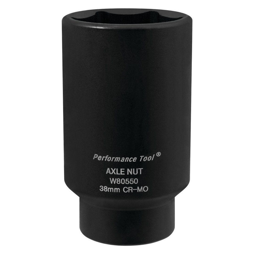 Performance Tool Socket, 1/2 Inch Drive, 38 Millimeter, Metric, Front Wheel Drive Axle Nut Socket, Black, Chrome Moly Steel, Single – W80550