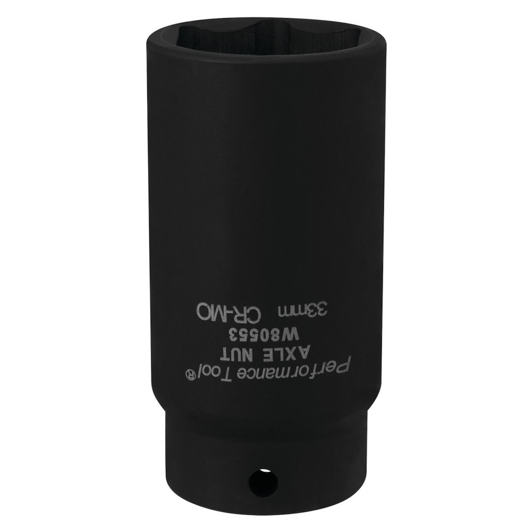 Performance Tool Socket, 1/2 Inch Drive, 33 Millimeter, Metric, Front Wheel Drive Axle Nut Socket, Black, Chrome Moly Steel, Single – W80553