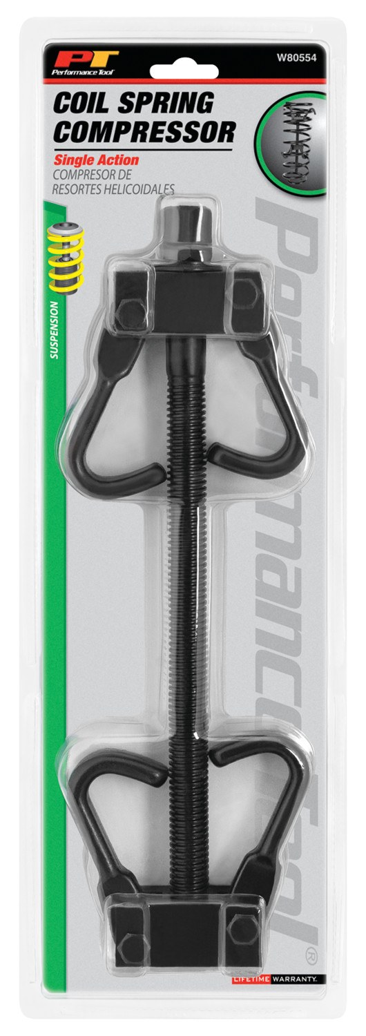 Performance Tool Coil Spring Compressor, 2 Inch Rod with 8-1/4 to 14 Inch Jaw Opening Range, Tempered Chrome Moly Steel Jaws, Single – W80554