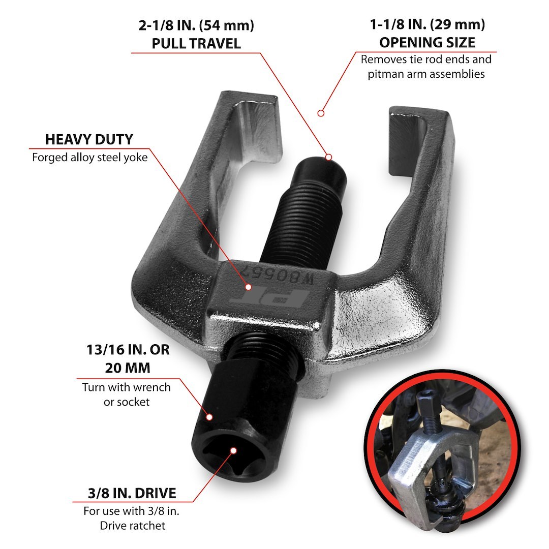 Performance Tool Pitman Arm Puller, 1-1/16 Inch Jaw Spread, Forged Alloy Steel Yoke, 2-1/8 Inch Pull Travel – W80557
