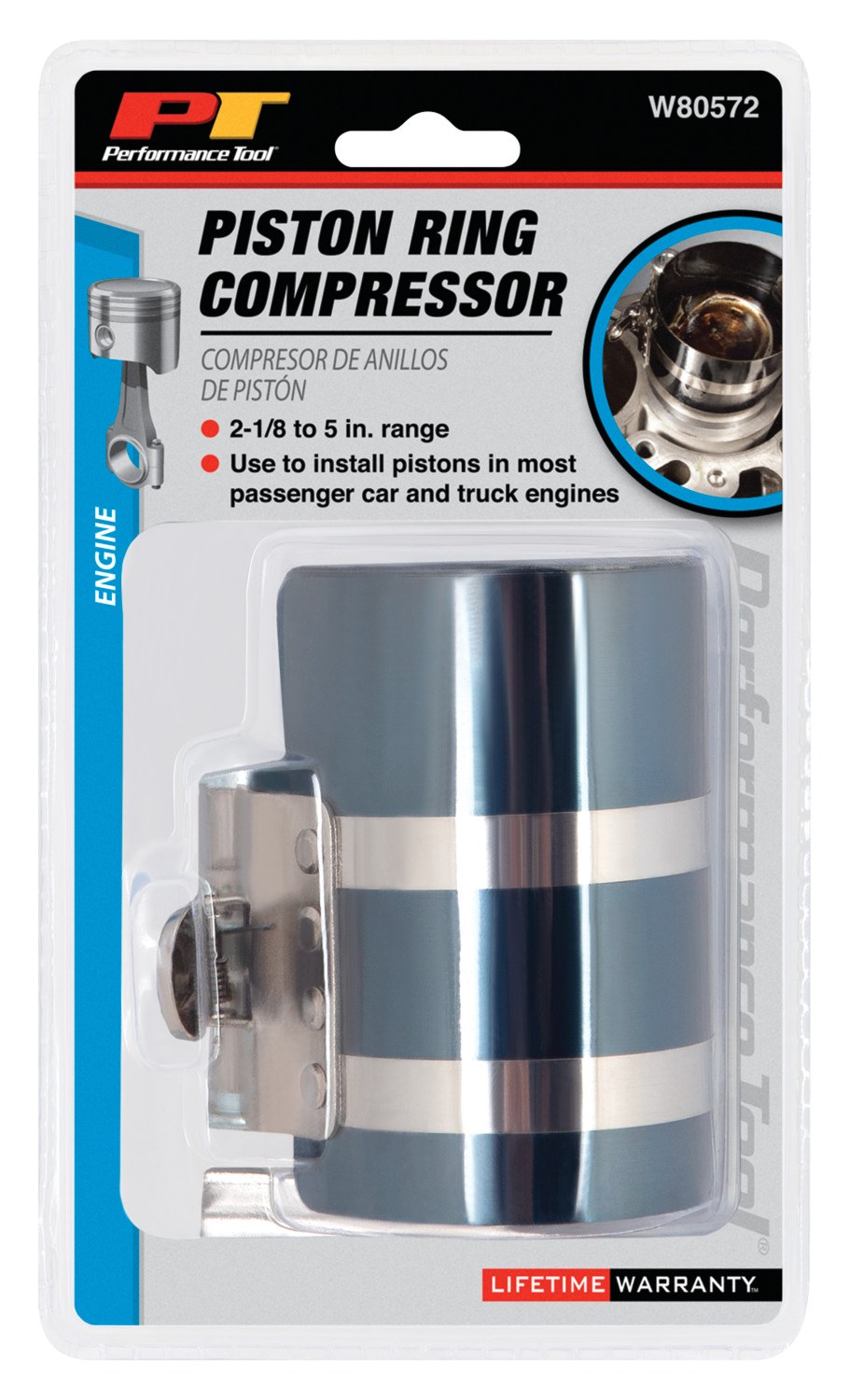 Performance Tool Piston Ring Compressor, Adjustable, 2-1/8 to 5 Inch Diameter – W80572