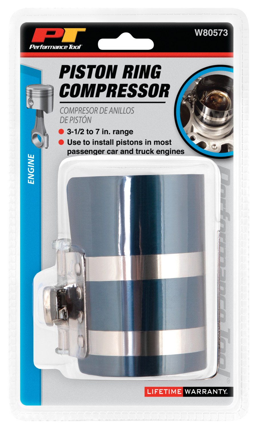 Performance Tool Piston Ring Compressor, Adjustable, 3-1/2 to 7 Inch Diameter – W80573