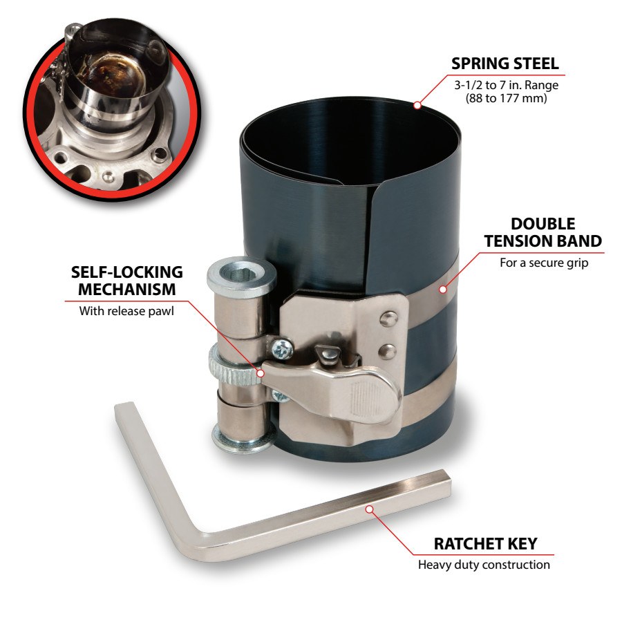 Performance Tool Piston Ring Compressor, Adjustable, 3-1/2 to 7 Inch Diameter – W80573