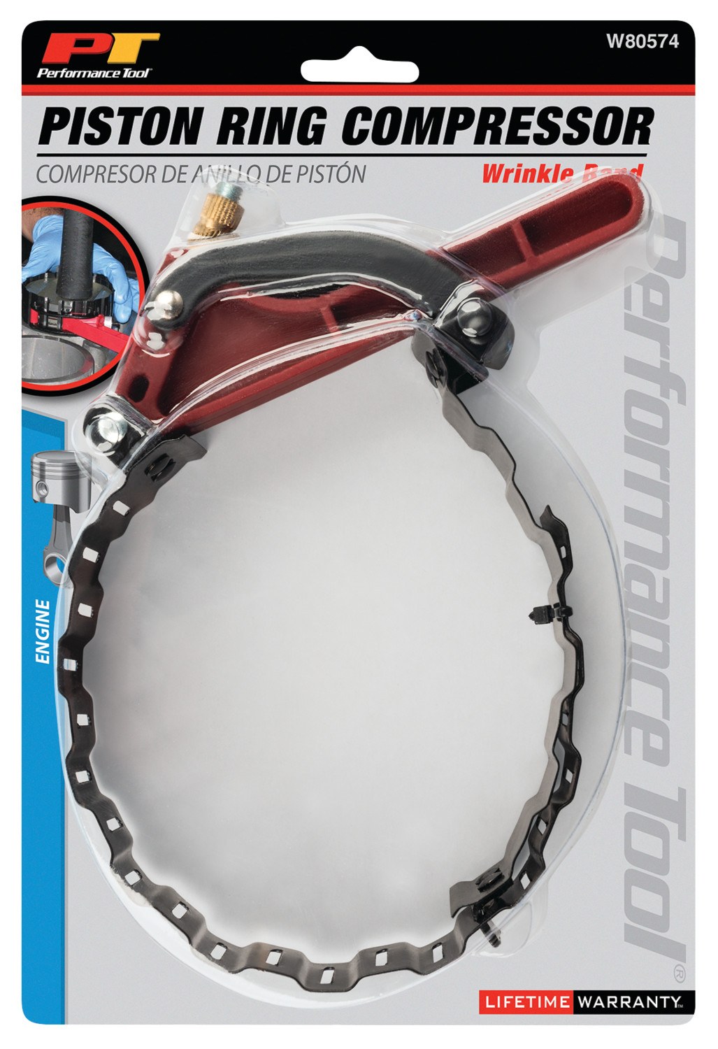 Performance Tool Piston Ring Compressor, Adjustable, 3 Inch to 5 Inch Pistons, Red/ Black – W80574
