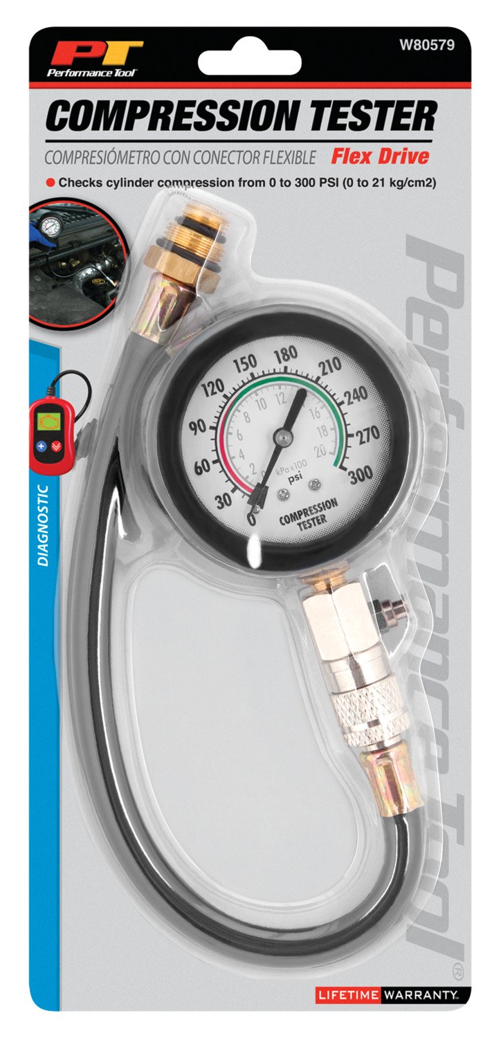 Performance Tool Compression Tester, 0 to 300 PSI Pressure Range, 11 Inch Rubber Hose Length – W80579