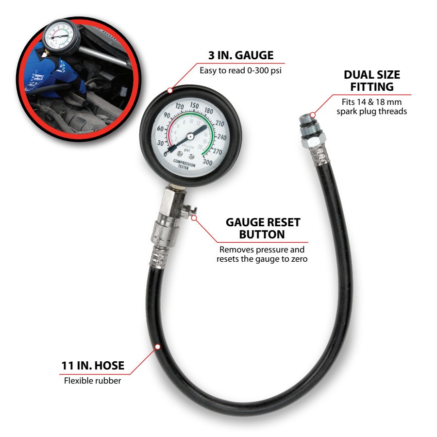 Performance Tool Compression Tester, 0 to 300 PSI Pressure Range, 11 Inch Rubber Hose Length – W80579