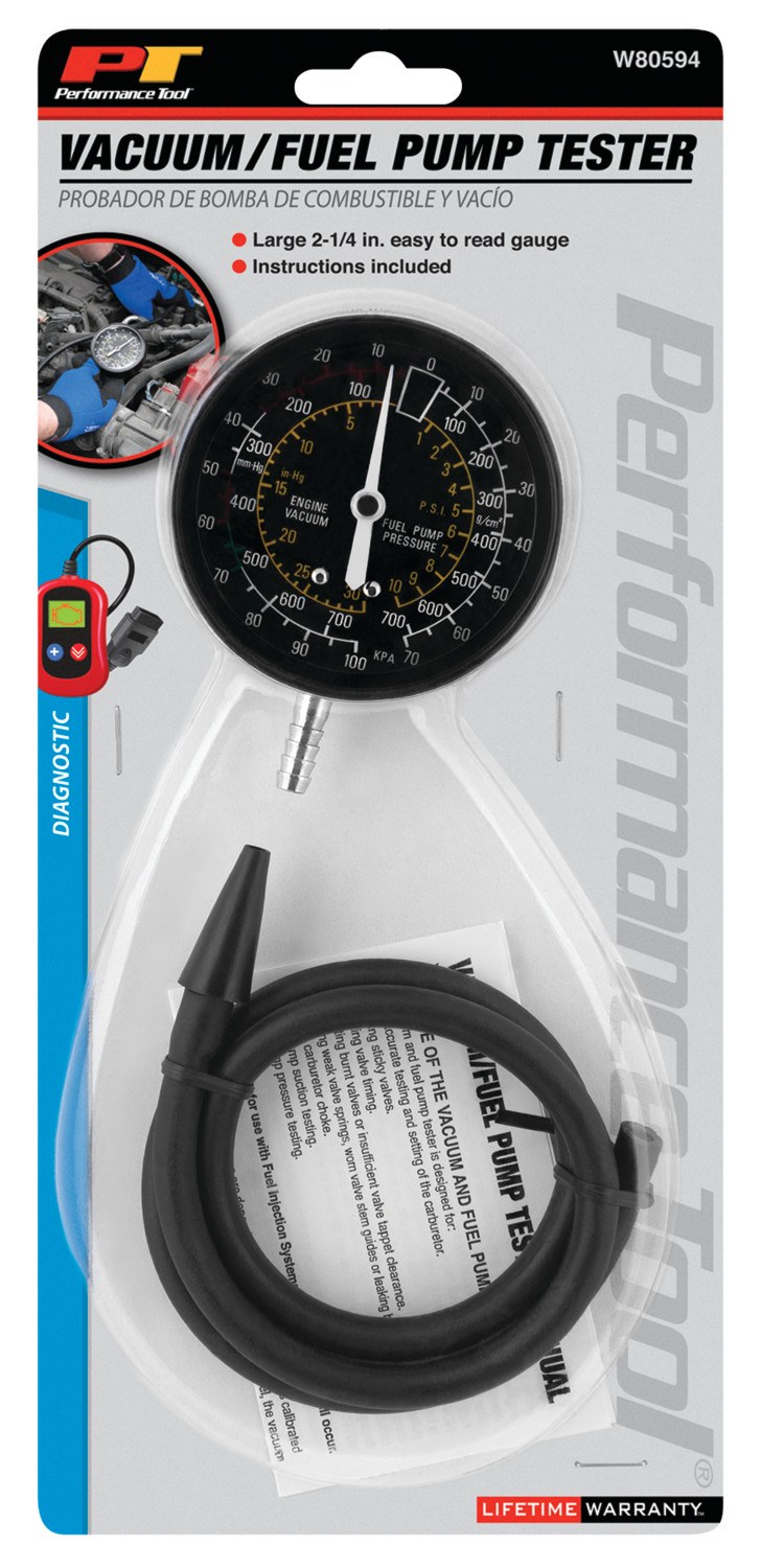 Performance Tool Gauge Fuel Pressure/ Vacuum, Single Gauge, 0 to 30 Inch Mercury Vacuum, 0 to 10 PSI Pressure, Analog Display – W80594