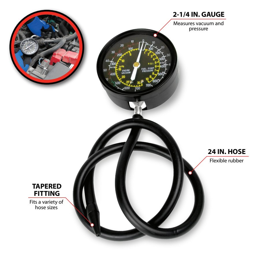 Performance Tool Gauge Fuel Pressure/ Vacuum, Single Gauge, 0 to 30 Inch Mercury Vacuum, 0 to 10 PSI Pressure, Analog Display – W80594