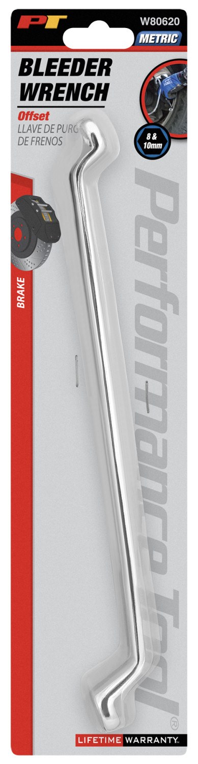 Performance Tool Wrench, Offset Brake Bleeder Wrench, 8 X 10 Millimeter Size, Chrome Plated, Chrome Vanadium Steel, Single – W80620