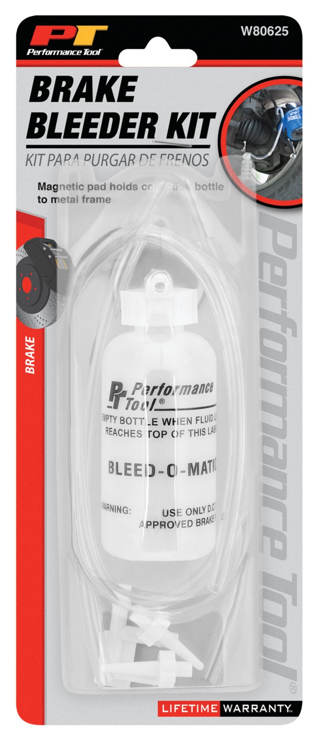 Performance Tool Brake Bleeder, Universal Allows One Person to Bleed the Brake System, White, With Collection Bottle/ 3 Hoses/ 4 Adapters – W80625