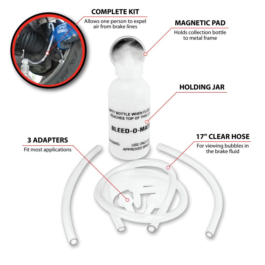 Performance Tool Brake Bleeder, Universal Allows One Person to Bleed the Brake System, White, With Collection Bottle/ 3 Hoses/ 4 Adapters – W80625