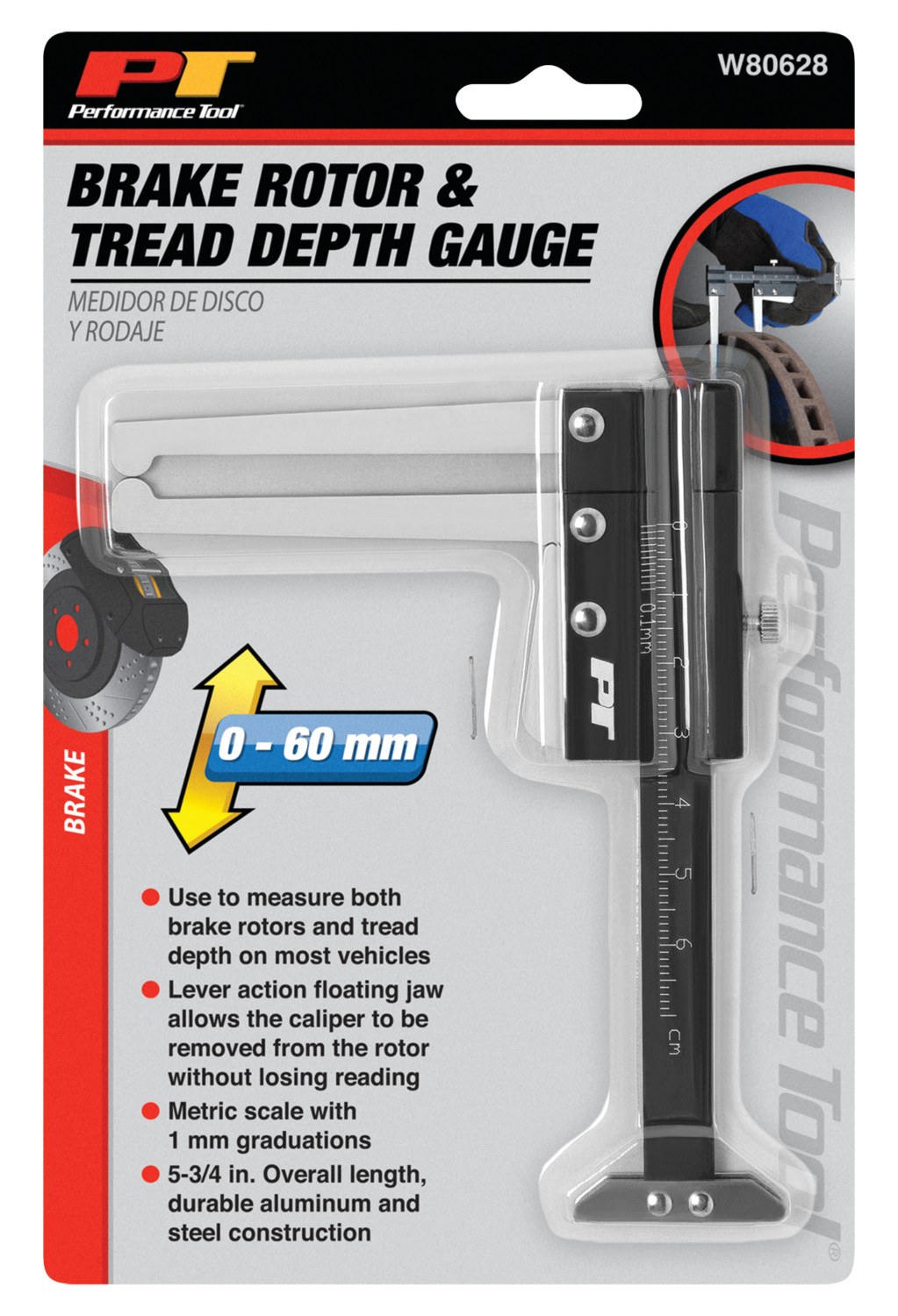 Performance Tool Measuring Caliper, Use to Measure Brake Rotors and Tread Depth, 5-3/4 Inch Length – W80628