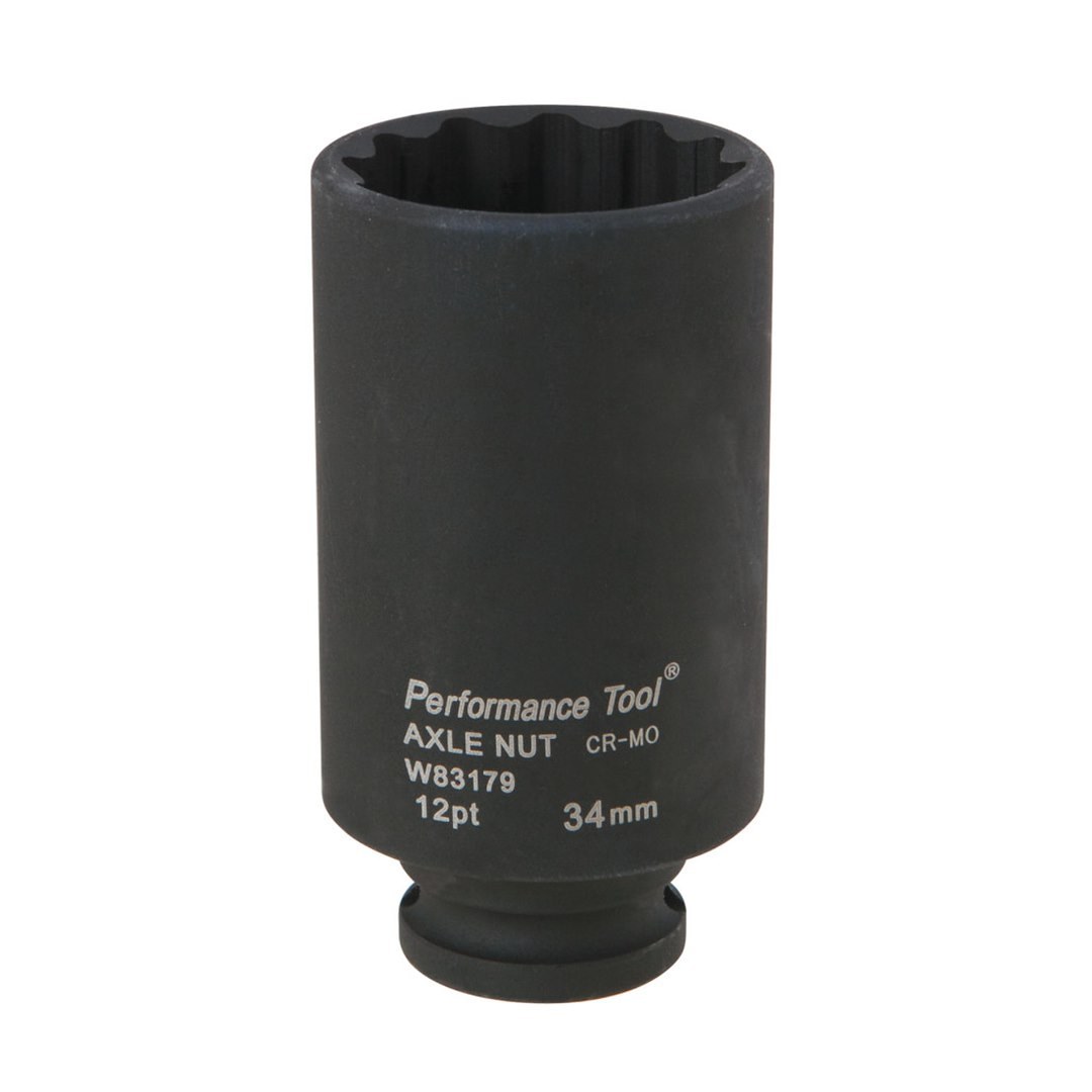 Performance Tool Socket, 34 Millimeter, Metric, Wheel Drive Axle Nut Socket, 12 Point, Chrome Moly Steel, Single – W83179
