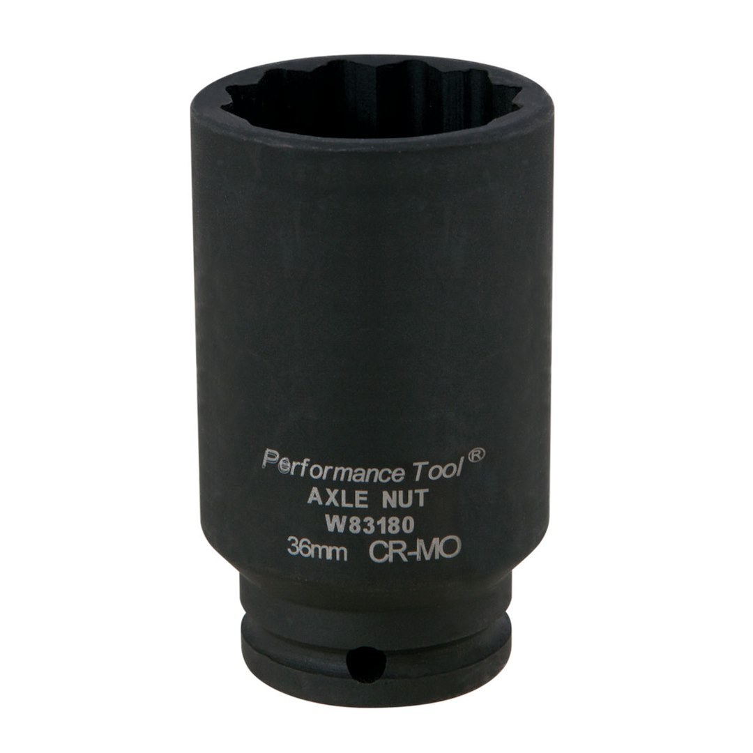 Performance Tool Socket, 36 Millimeter, Metric, Wheel Drive Axle Nut Socket, 12 Point, Chrome Moly Steel, Single – W83180