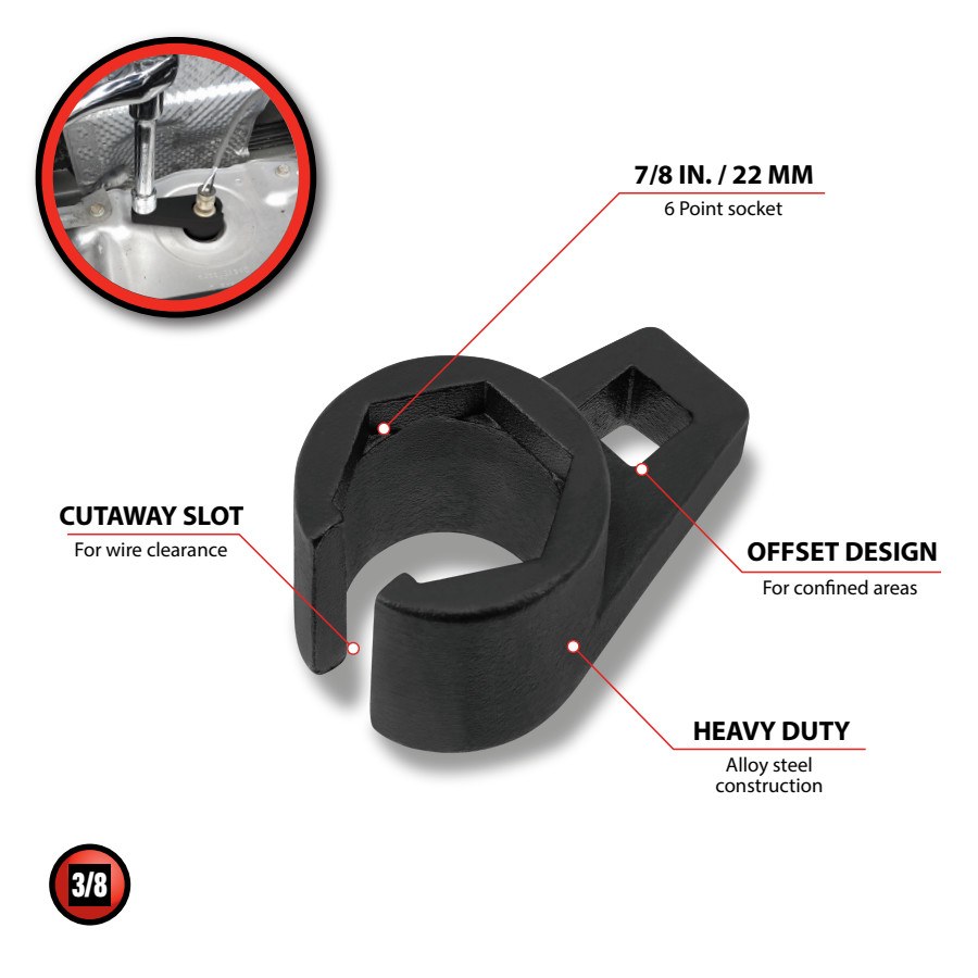 Performance Tool Socket, 3/8 Inch Drive, 7/8 Inch, Standard, Offset Oxygen Sensor Wrench, 6 Point, Alloy Steel, Single – W84008
