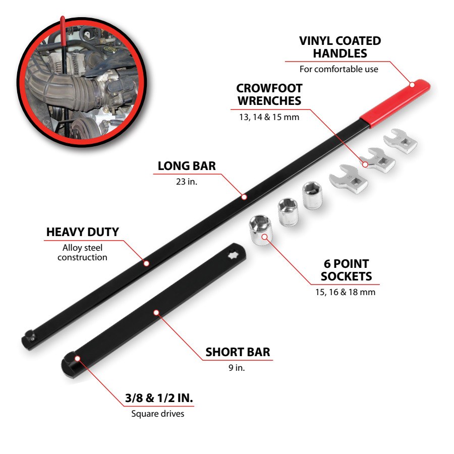 Performance Tool Accessory Drive Belt Tool, Use to Release Tension on Serpentine Belts with Spring Loaded Idler Pulleys – W84010