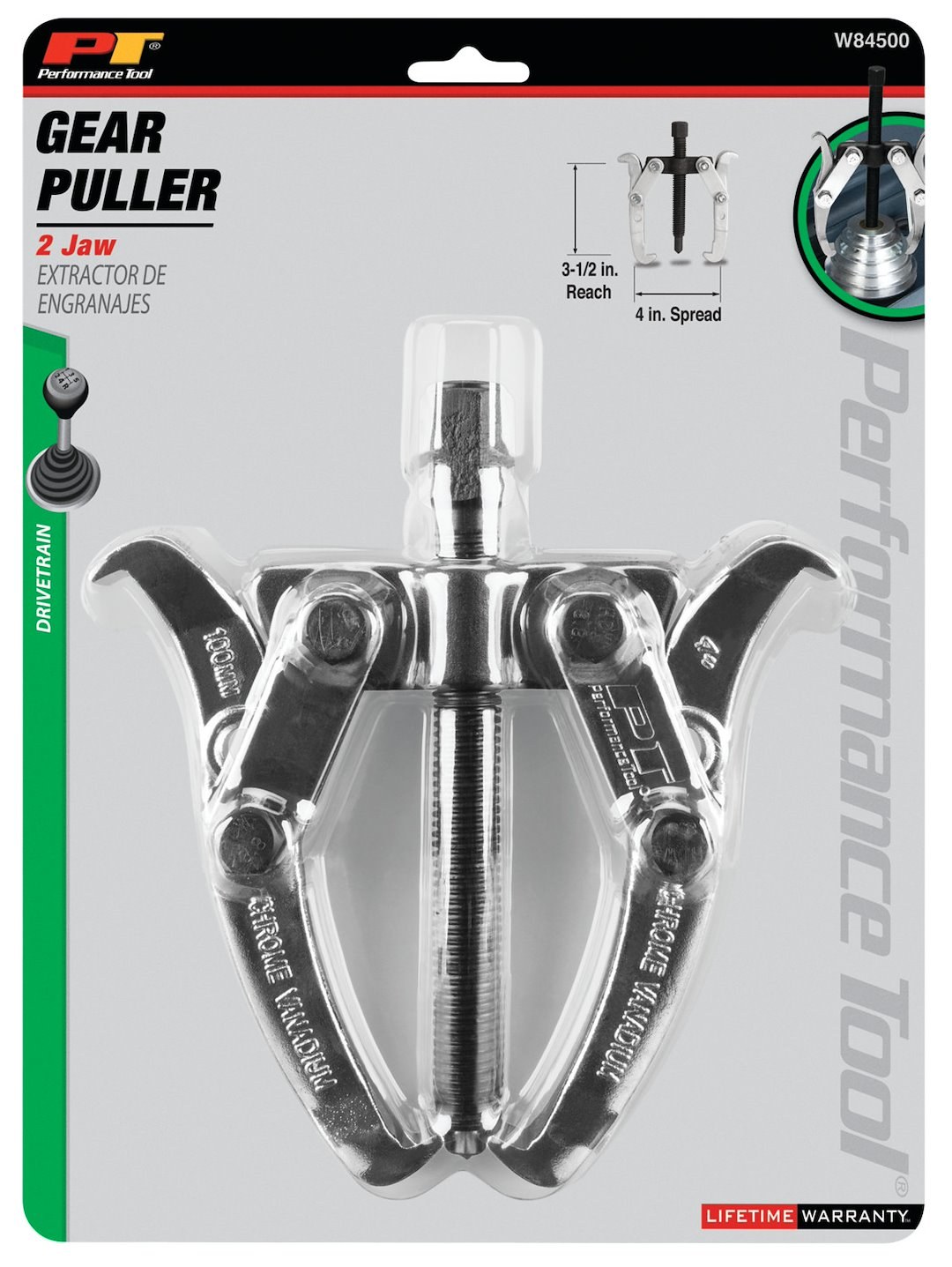 Performance Tool Gear Puller, 4 Inch Jaw Spread, 2 Jaw, Chrome Plated, Alloy Steel – W84500