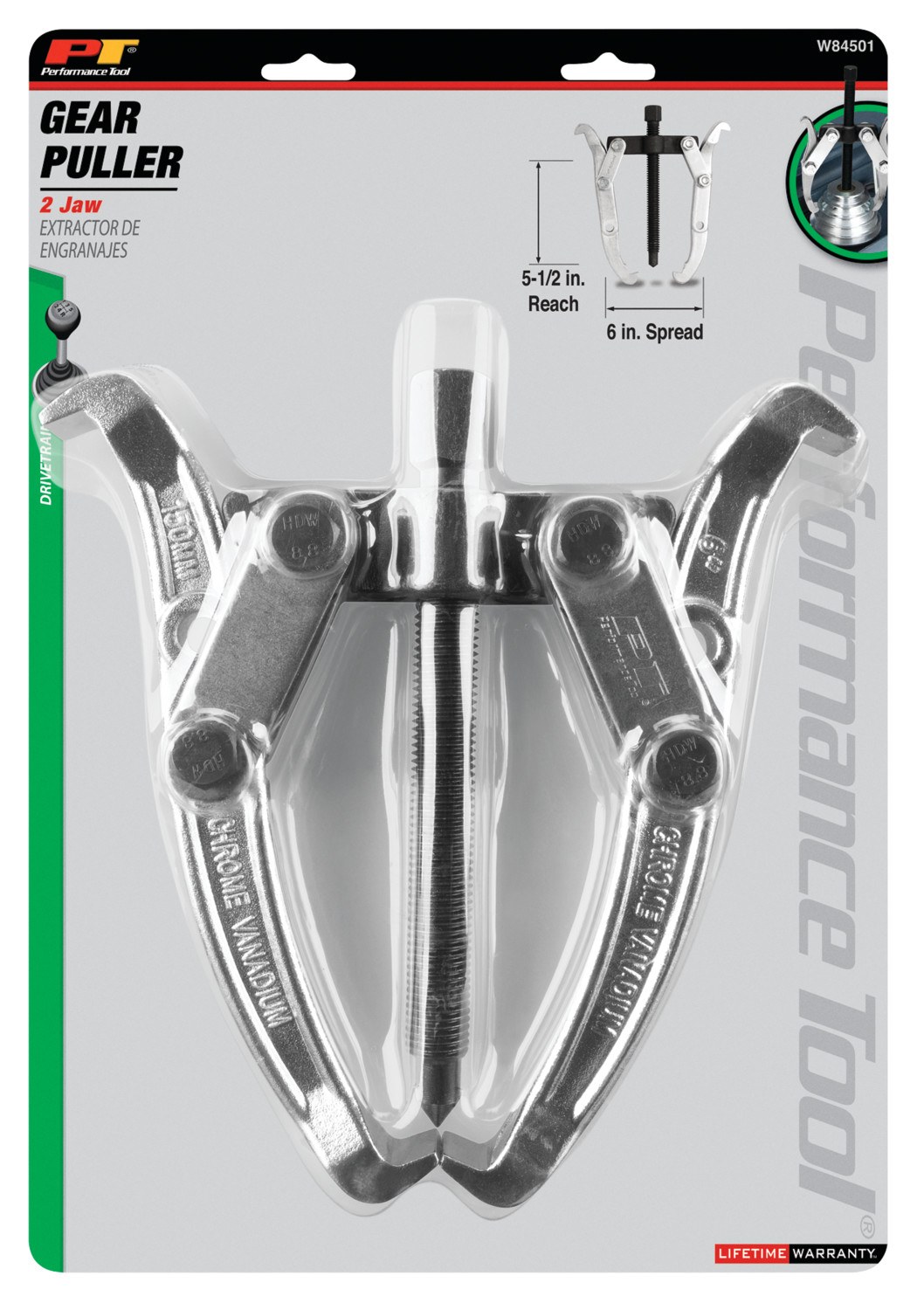 Performance Tool Gear Puller, 6 Inch Jaw Spread, 2 Jaw, Chrome Plated, Alloy Steel – W84501
