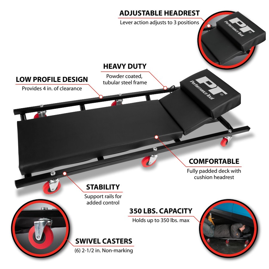 Performance Tool Creeper, Non Foldable, 40 Inch Length X 17 Inch Width X 4 Inch Height, Black, Powder Coated Heavy Duty Tubular Steel Frame – W85005