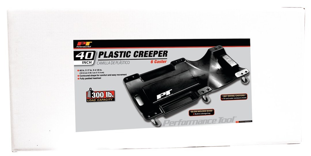Performance Tool Creeper, Non Foldable, 40 Inch Length X 19 Inch Width X 4-1/4 Inch Height, Black, Plastic, 6 Casters – W85006