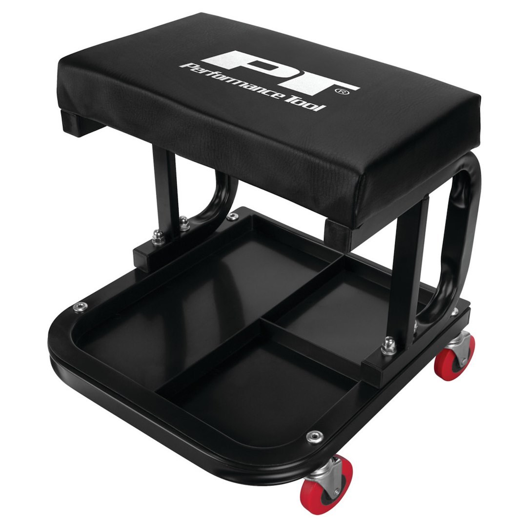 Performance Tool Mechanic Stool, C-Frame, 250 Pound Weight Capacity, Black, Tubular Steel Frame/ Padded Seat Cushion, Four 2-1/2 Inch Casters – W85007