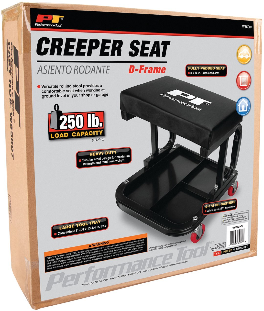 Performance Tool Mechanic Stool, C-Frame, 250 Pound Weight Capacity, Black, Tubular Steel Frame/ Padded Seat Cushion, Four 2-1/2 Inch Casters – W85007