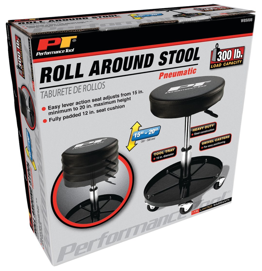 Performance Tool Stool, Round Black Seat, Swivel, 2-1/2 Inch Caster Attached Legs, Without Back, 20 Inch Maximum Height Adjustment – W85008