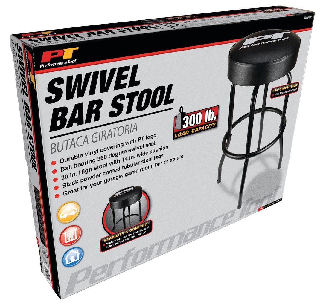 Performance Tool Stool, 14 Inch Round Vinyl Fully Padded Seat, Swivel, Chrome Plated Legs, Without Back – W85010