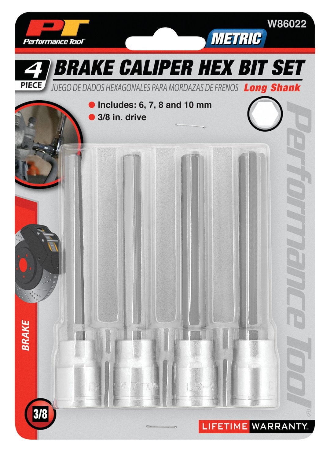 Performance Tool Socket Set, 3/8 Inch Drive, Metric, Long Shank Disc Brake Caliper Hex Bit Socket Set, Hardened Alloy Steel Bits – W86022