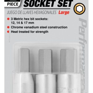Performance Tool Socket Set, 1/2 Inch Drive, Metric, Hex Bit, Chrome Vanadium Steel, With 12 Millimeter/ 14 Millimeter/ 17 Millimeter – W86023