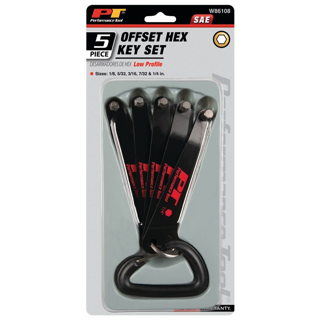 Performance Tool Allen Wrench, With 1/8 Inch/ 5/32 Inch/ 3/16 Inch/ 7/32 Inch/ 1/4 Inch, Low Profile/ Offset, Steel – W86108