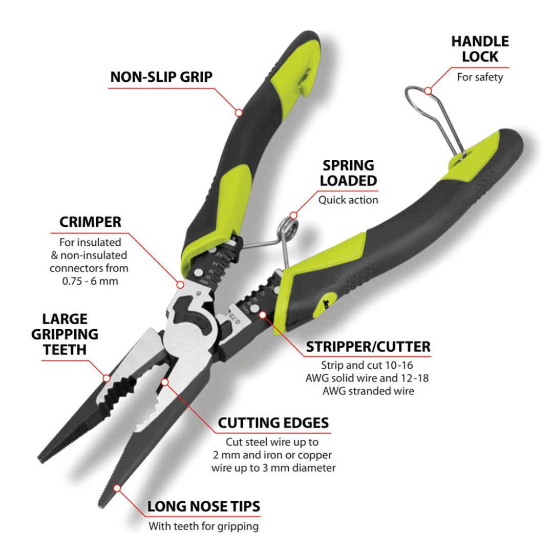 Performance Tool Pliers, Multifunctional Long Nose, 8-1/2 Inch Length, Non-Reversible, Without Automatic Return, Non-Slip Grip – W86507