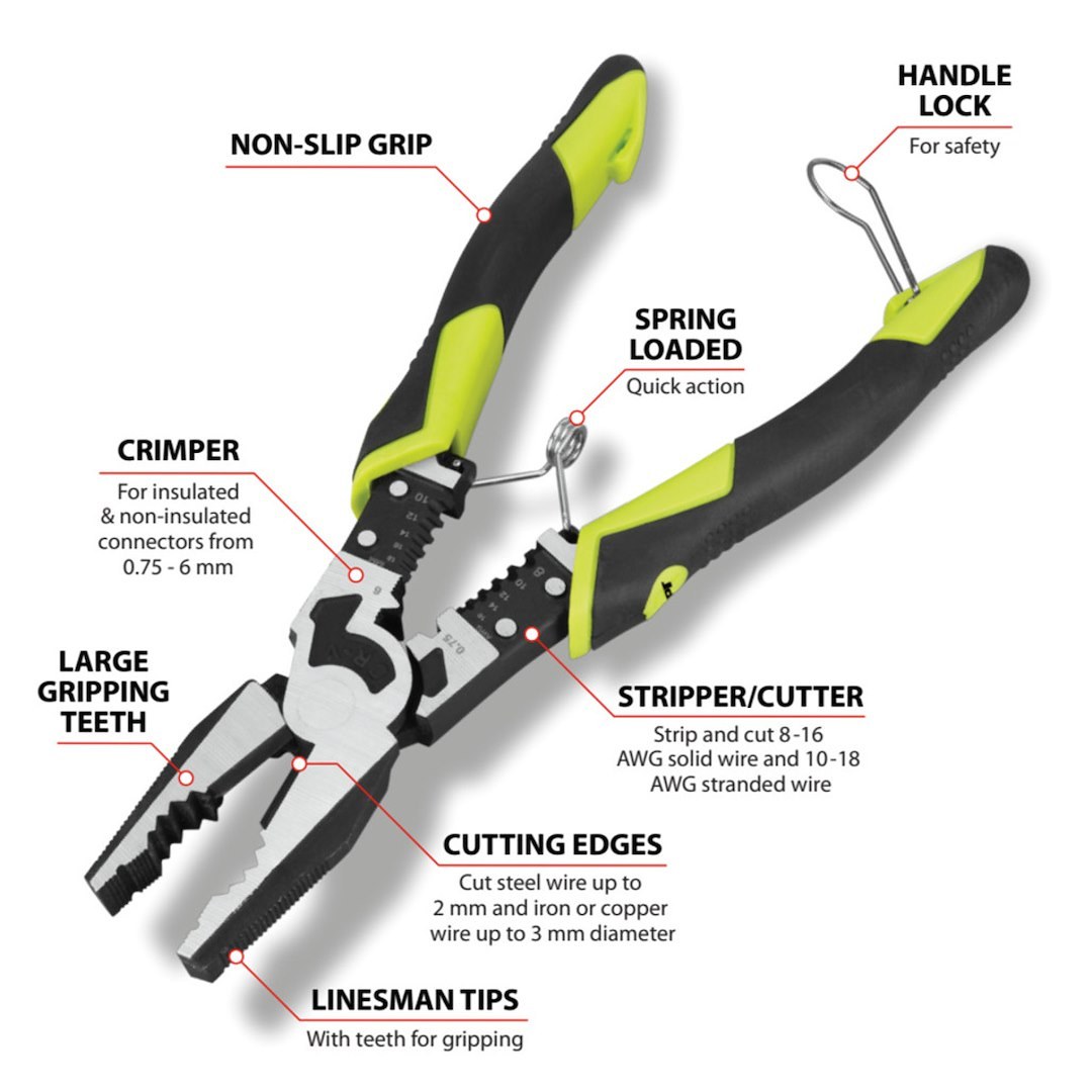 Performance Tool Pliers, Multifunctional Linesman Nose, 8-1/2 Inch Length, Non-Reversible, Without Automatic Return, Non-Slip Grip – W86508